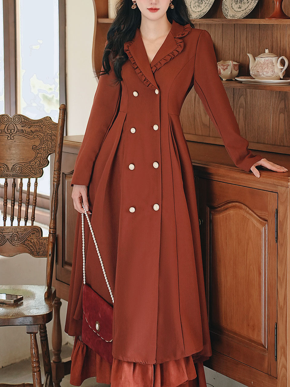 Red Classic Vintage Lapel Double Layered Hem Swing Dress