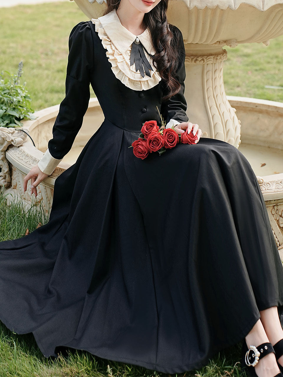 White Lace Collar Long Sleeve Black Edwardian Revival Dress