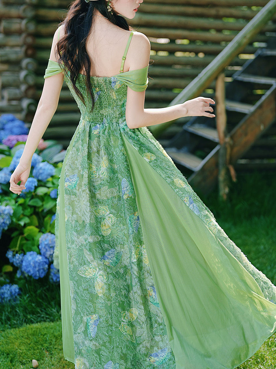 Forest Green Butterfly Print Lace Off-Shoulder Sweetheart Maxi Dress