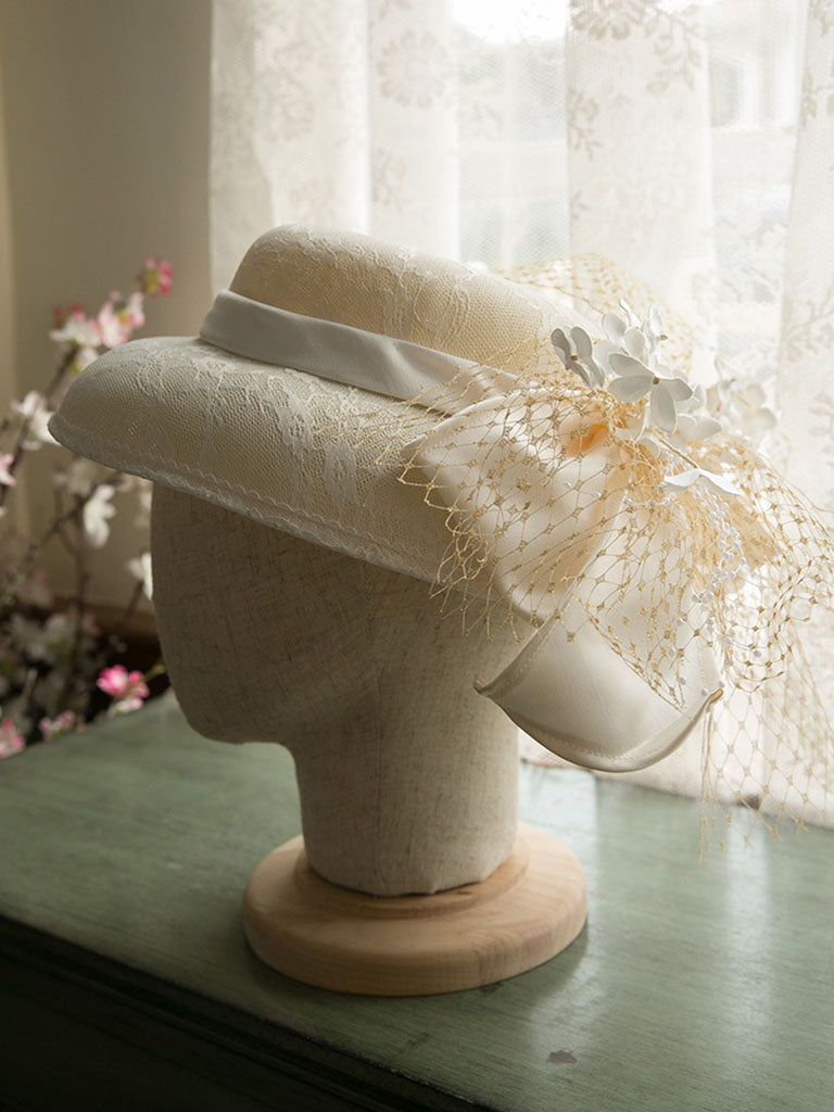 Beige Flower Bow Wedding Hat