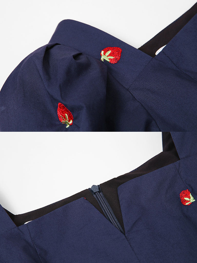 Navy Embroidered Vintage Square Neck Puff Sleeve Mini Dress
