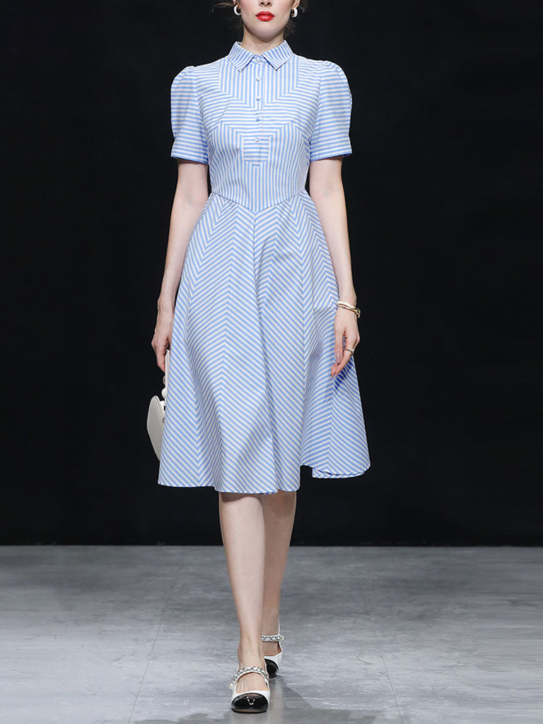 Blue Stripe Turn Down Collar 1950S Vintage Dress