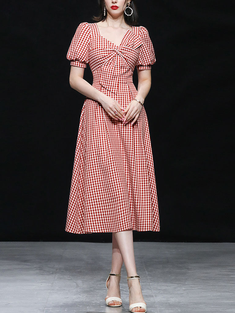 Plaid Short Sleeve Bow Cross Waist 1950S Vintage Dress