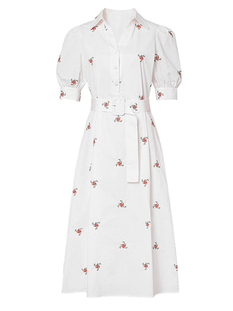 White Embroidered Shirt Lapel 1950S Comfortable Cotton Vintage Dress
