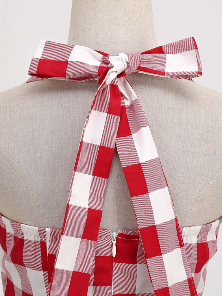Red And White Plaid Pockets Vintage Halter 1950S Dress