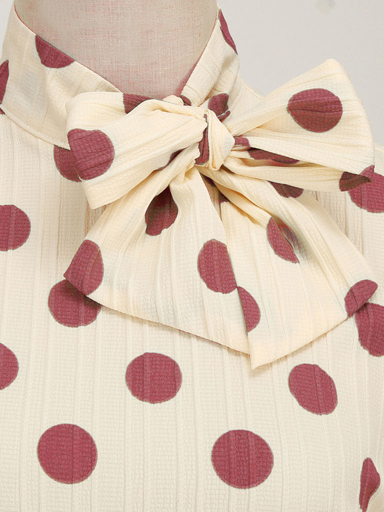 Big BowKnot Polka Dots Puff Long Sleeve Audrey Hepburn Style 1950S Vintage Dress