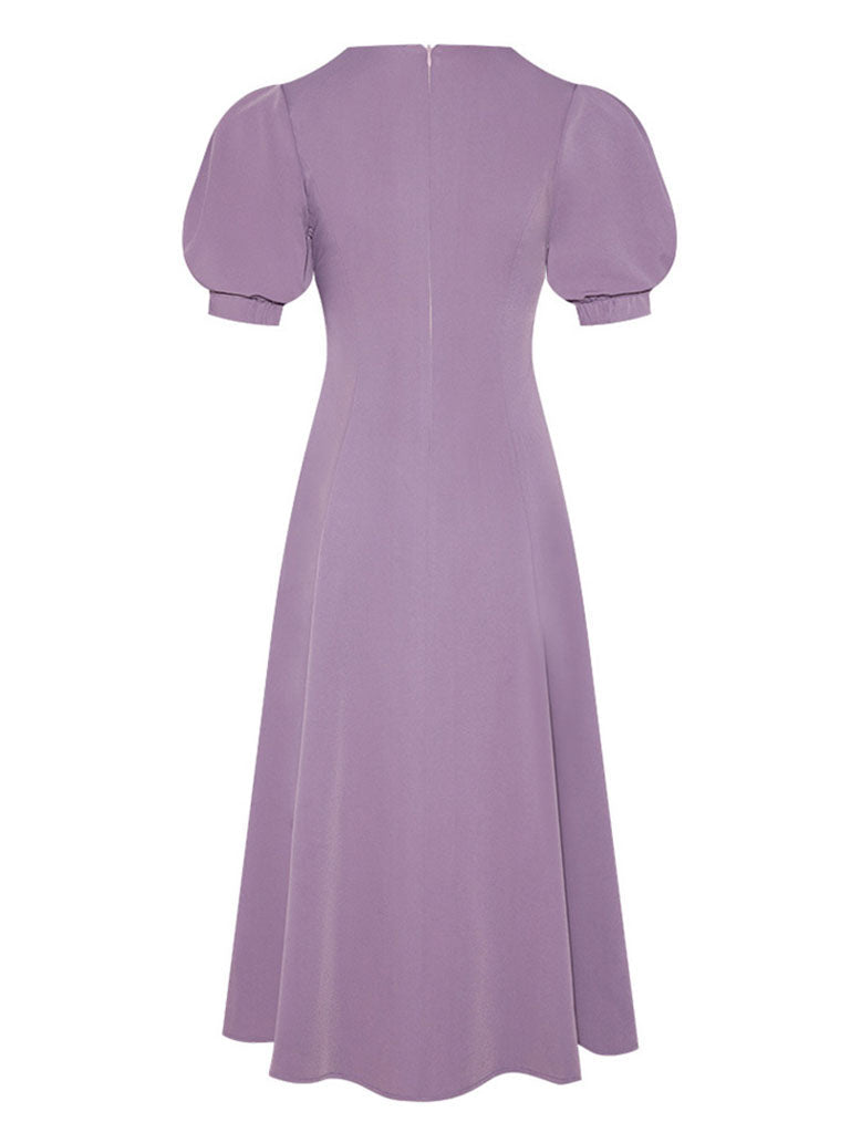 Lavender V Neck Puff Sleeve Swing Vintage Style 1940S Dress