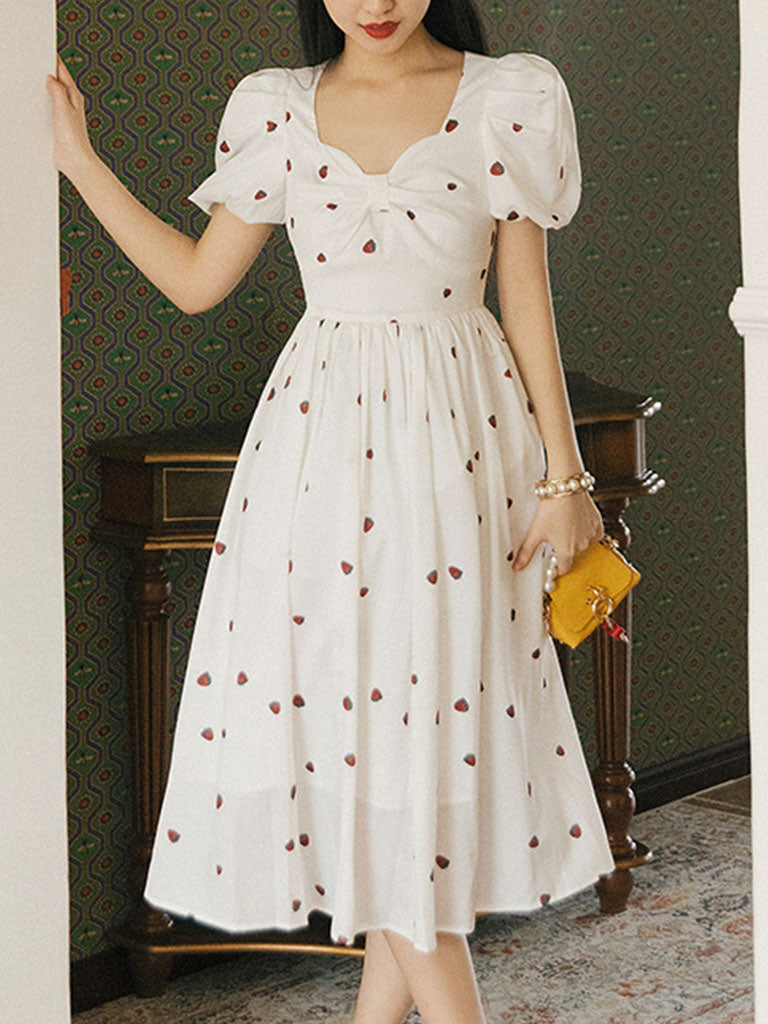White Strawberry Bow Sweet Heart Collar Puff Sleeve Swing Fairy Dress
