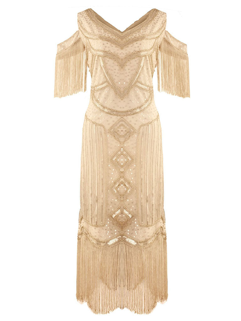 Glod Gatsby Glitter Fringe 1920s Flapper Dress