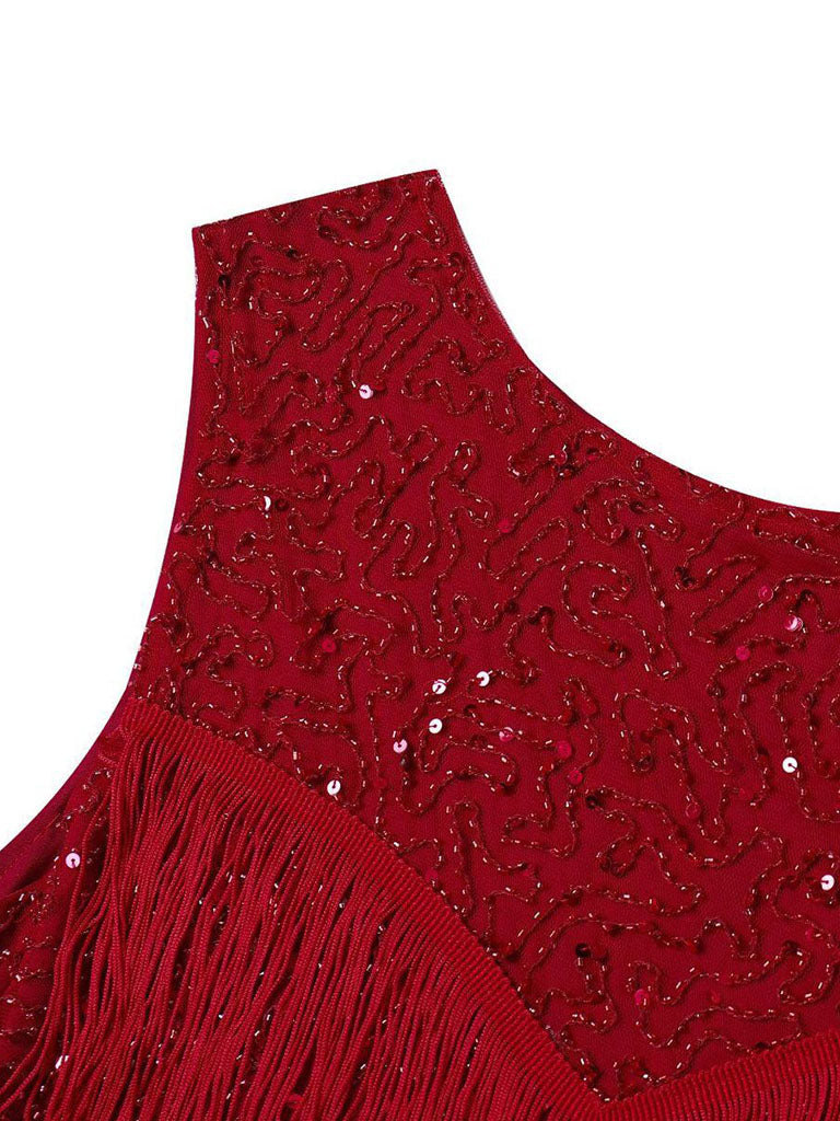 Wine Red Gatsby Glitter Fringe 1920s Flapper Dress Set