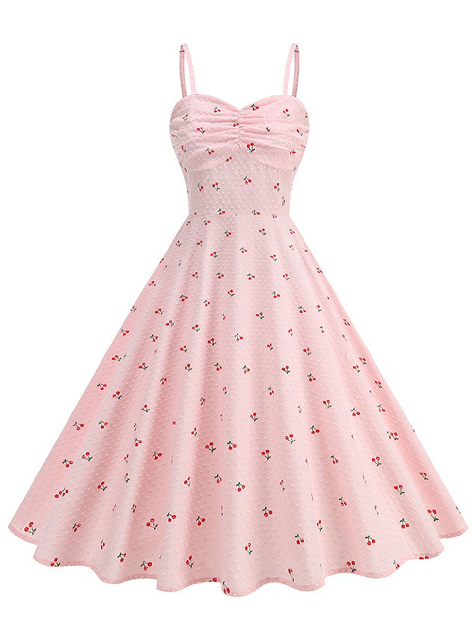 Vintage 1950s Pink Cherry Print Swiss Dot Spaghetti Straps Swing Dress