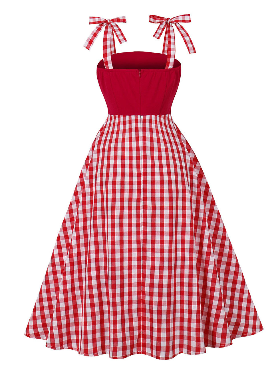 Red And White Plaid Straps Bow Vintage 1950s Swing Dress