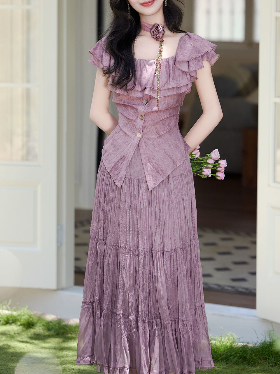 Lilac Off-The-Shoulder Ruffle Maxi Dress Set