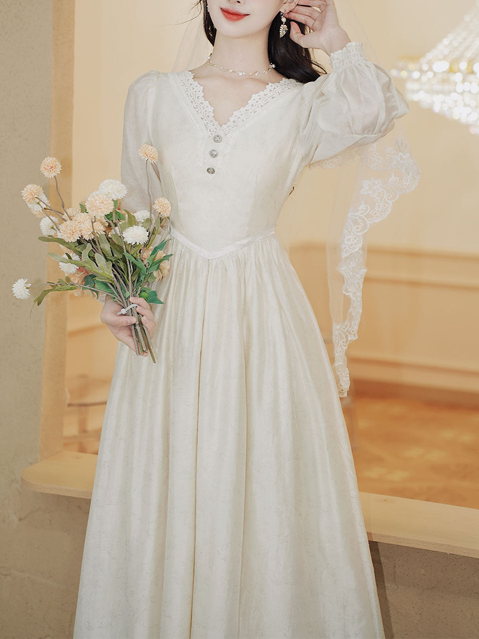 White V Neck Lace Long Sleeve Wedding Dress