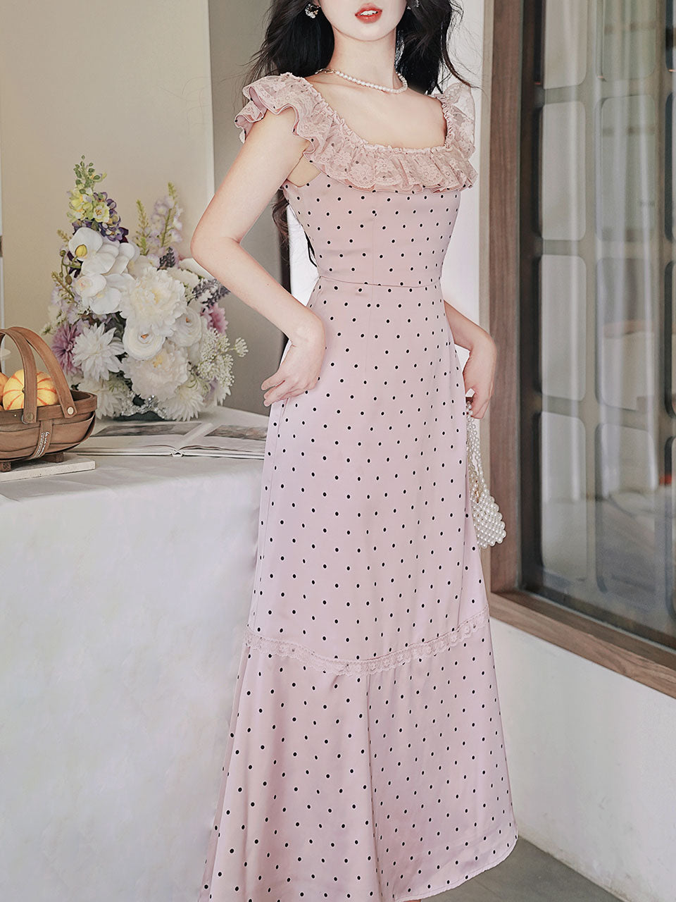 Pink Polka Dots Lace U-neck 1930S Vintage Dress
