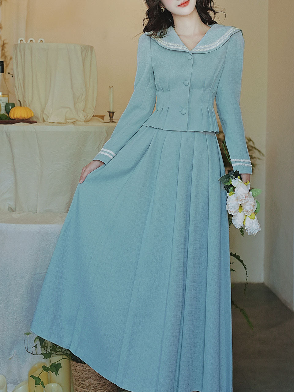 2PS Lake Blue Sailor Collar Tweed Coat