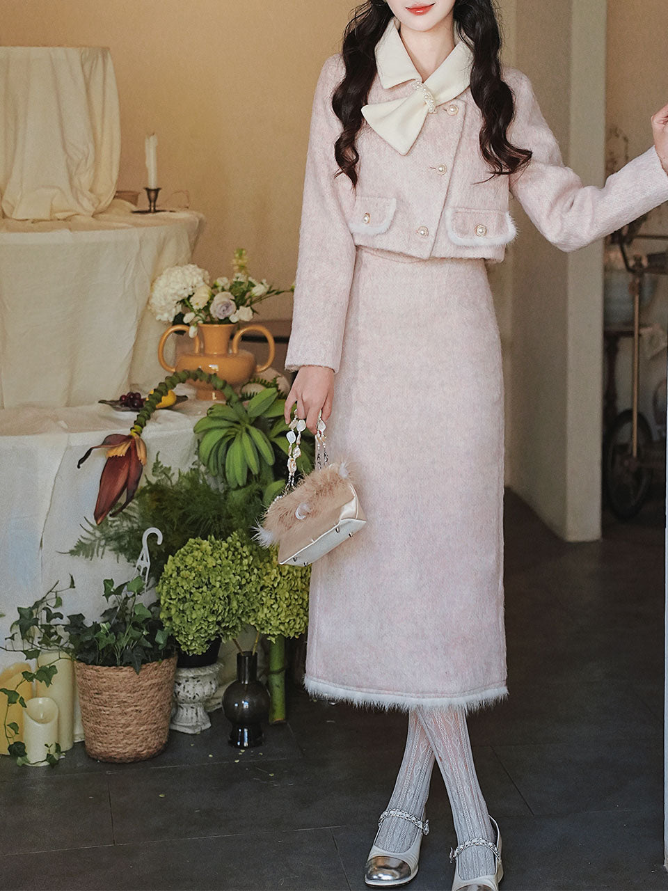 2PS Pink Turn Down Collar Long Sleeve Wool Coat