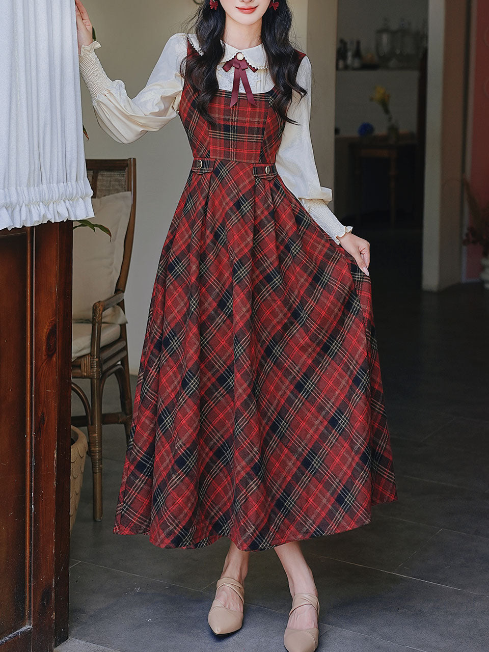 Red Tartan Wool Blend Jumper Dress