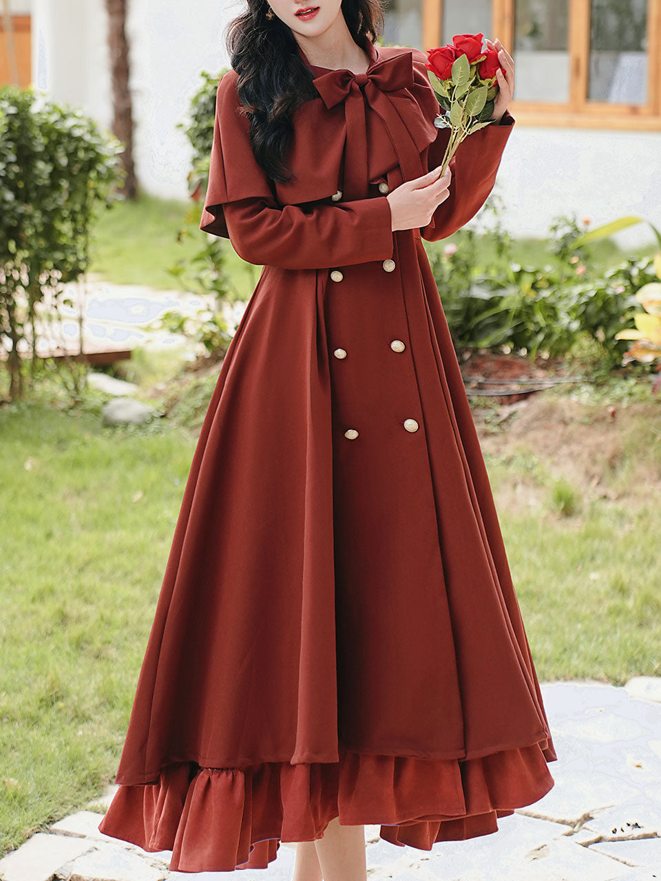 Red Classic Vintage Lapel Double Layered Hem Swing Dress