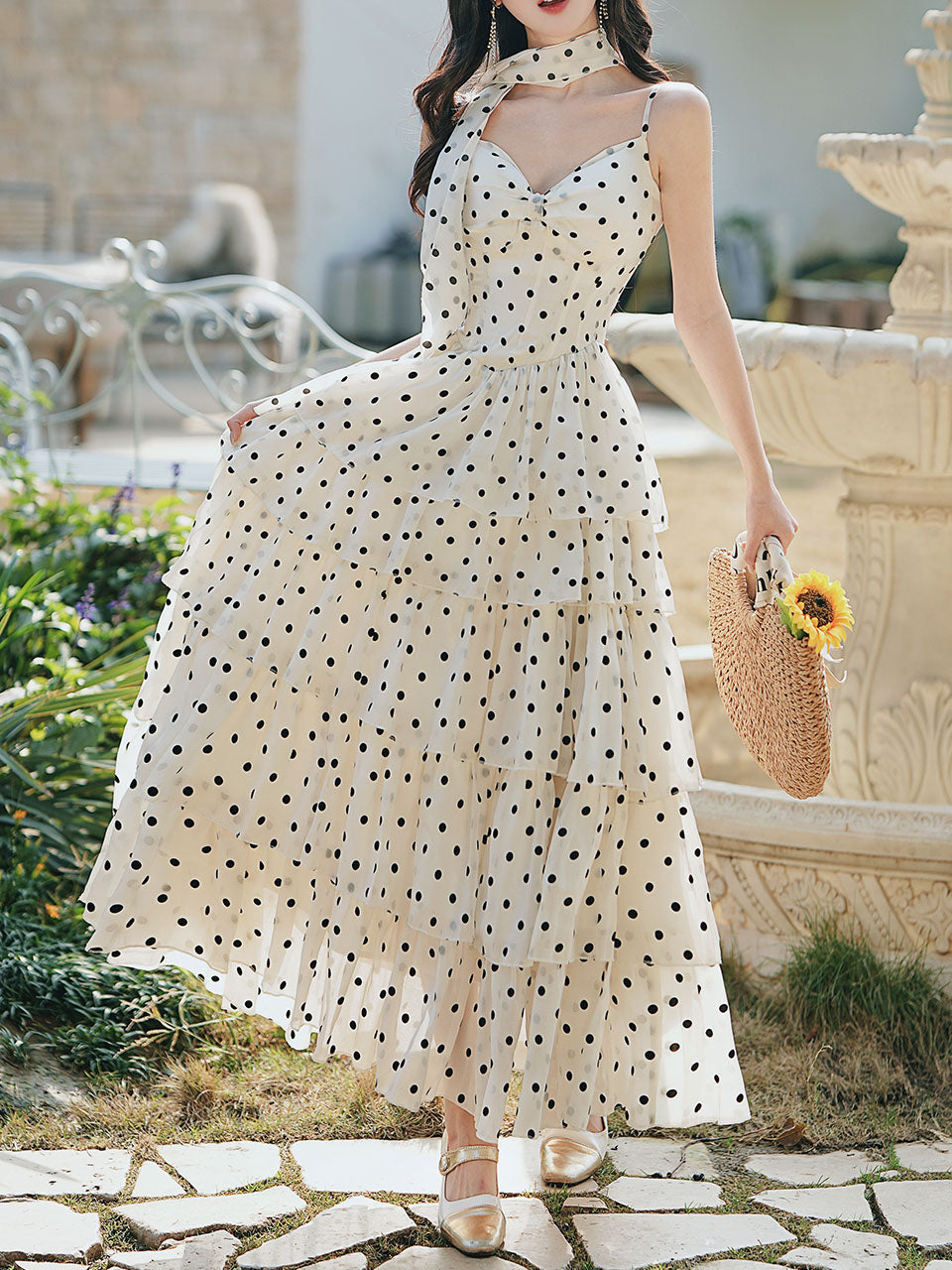 Vintage White Polka Dots Spaghetti Strap Maxi Dress
