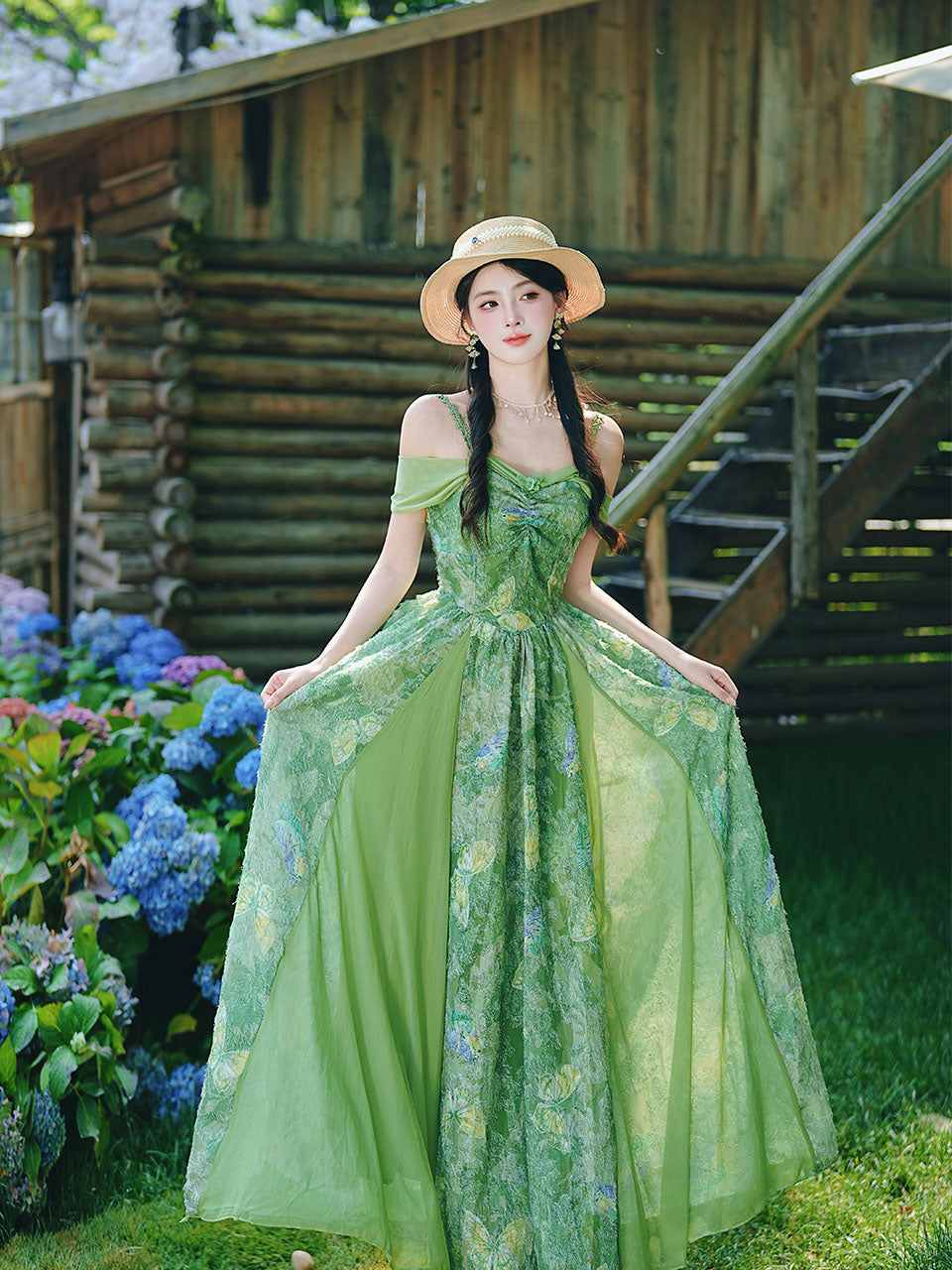 Forest Green Butterfly Print Lace Off-Shoulder Sweetheart Maxi Dress