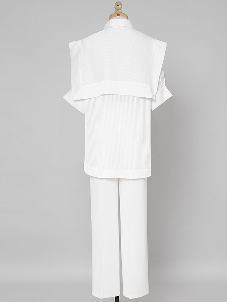 2PS Casual White Shirt And White Wide Leg Pants Ninth Pants Pants Set