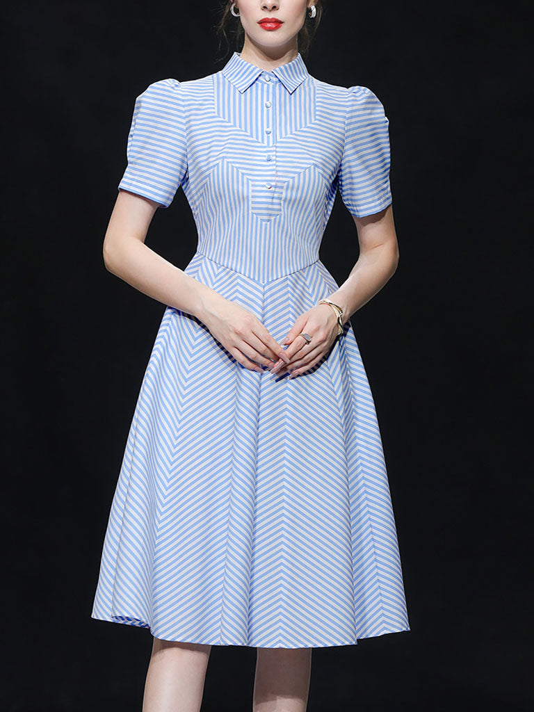 Blue Stripe Turn Down Collar 1950S Vintage Dress
