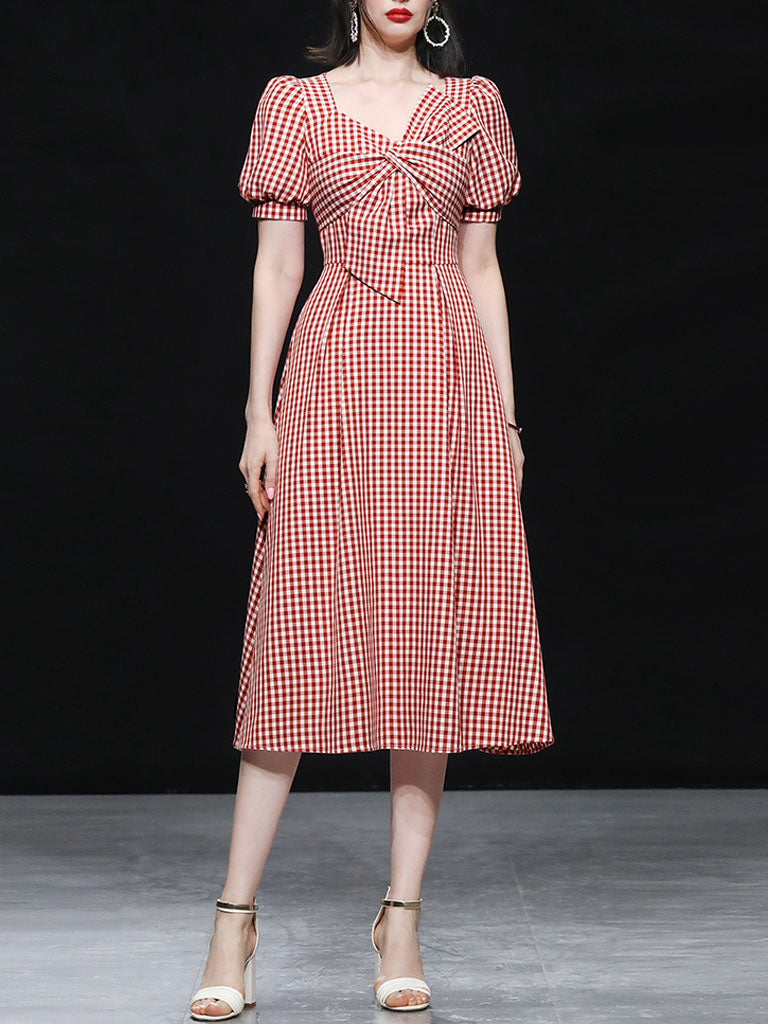 Plaid Short Sleeve Bow Cross Waist 1950S Vintage Dress