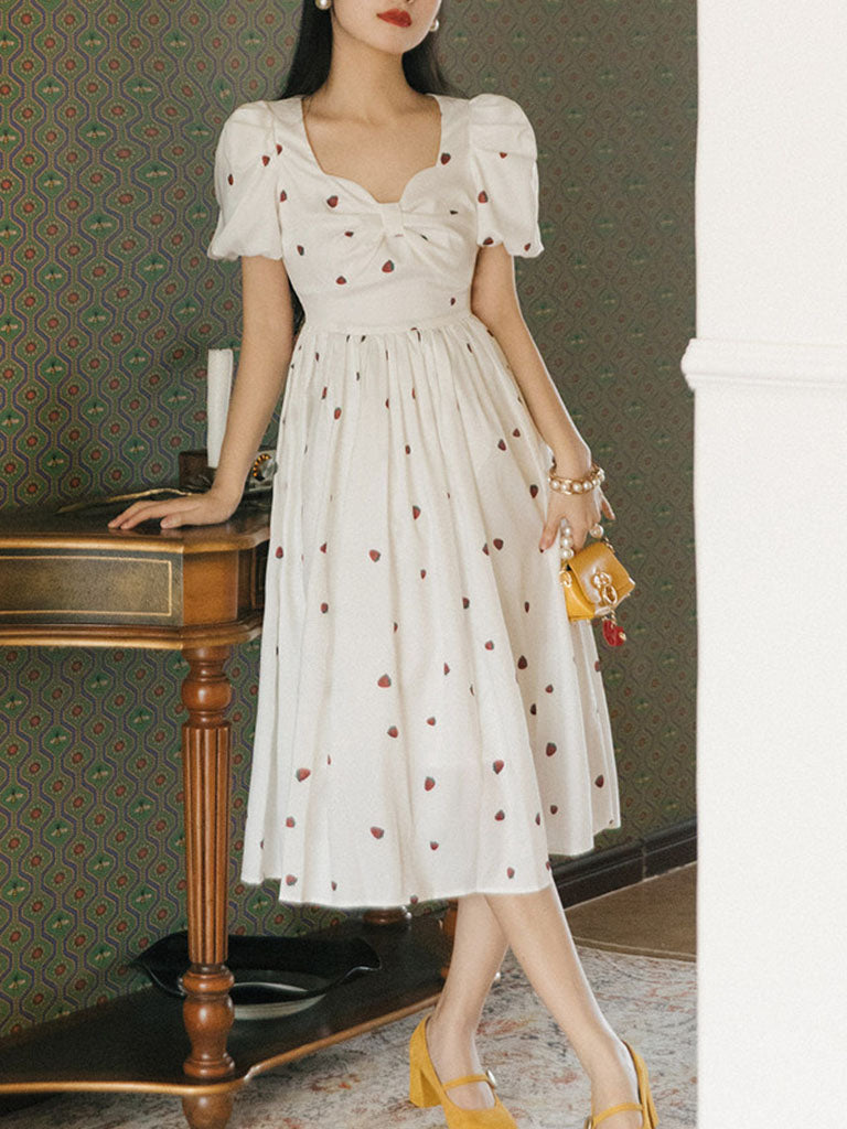 White Strawberry Bow Sweet Heart Collar Puff Sleeve Swing Fairy Dress