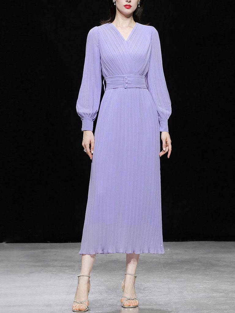 Purple Lantern Sleeve V Neck Chiffon Maxi Dress