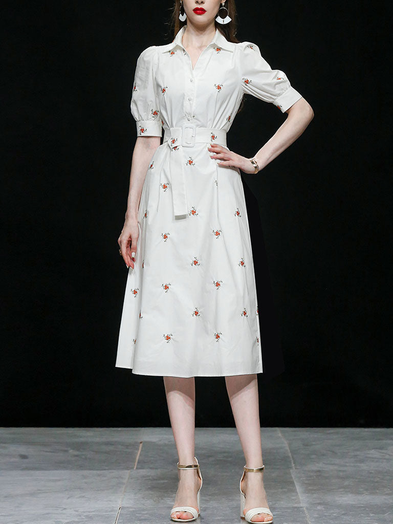 White Embroidered Shirt Lapel 1950S Comfortable Cotton Vintage Dress