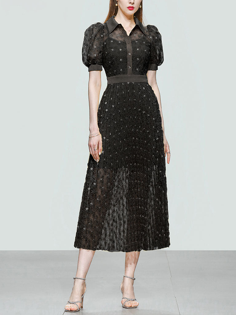 Black Bellflower Embroidered Design Long Lace Pleated Dress
