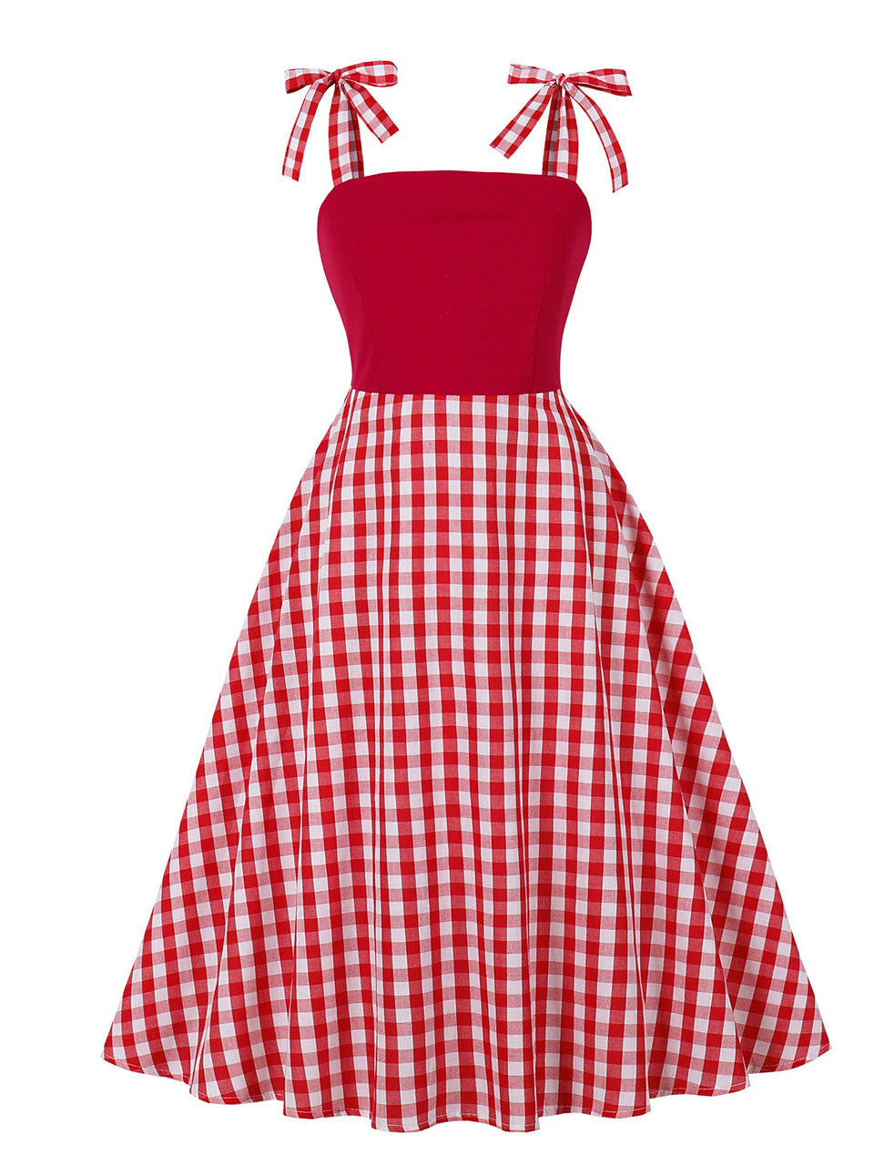 Red And White Plaid Straps Bow Vintage 1950s Swing Dress