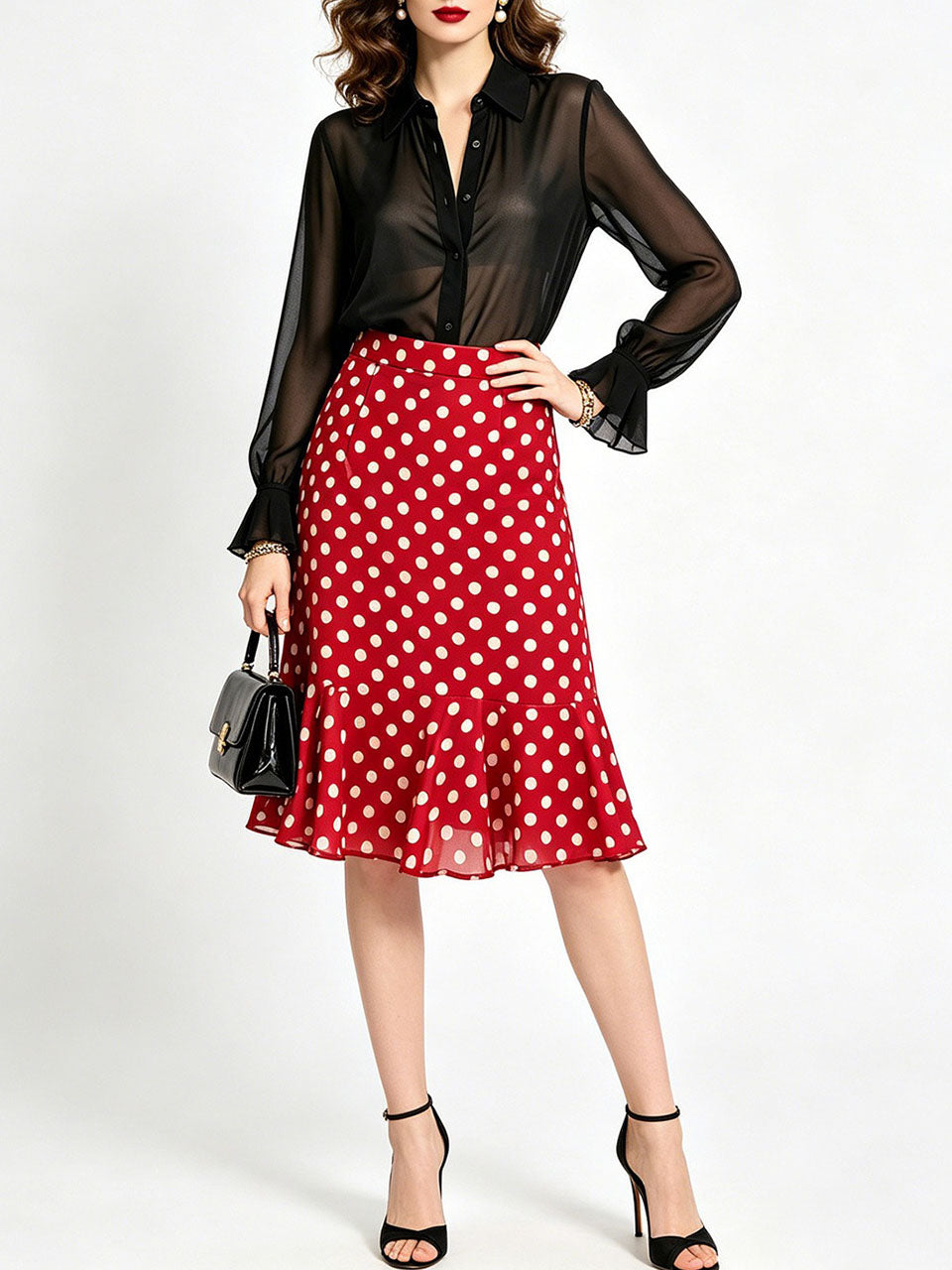 1950s Vintage Red Chiffon Shirt & Polka Dot Mermaid Midi Skirt Set
