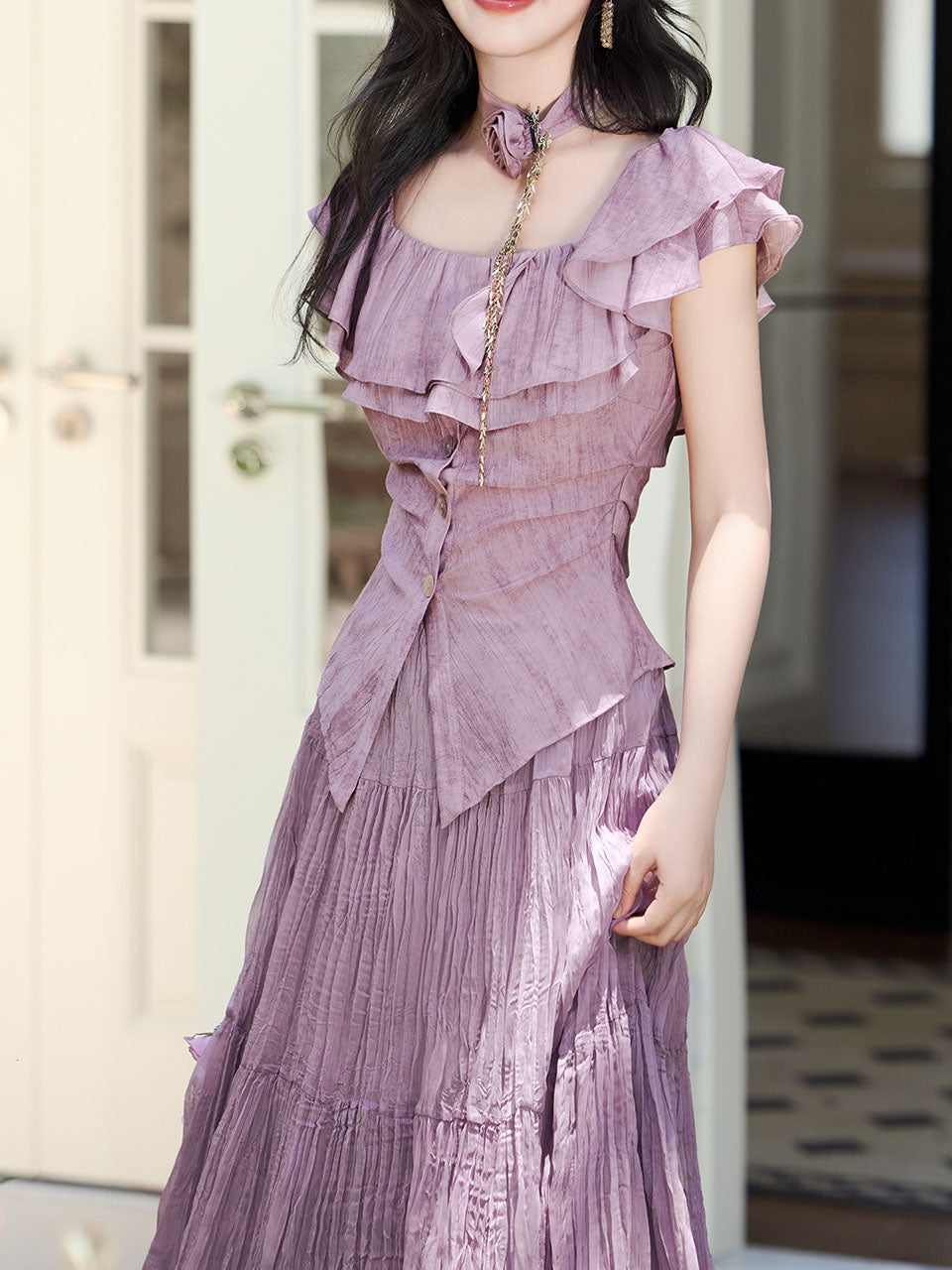 Lilac Off-The-Shoulder Ruffle Maxi Dress Set
