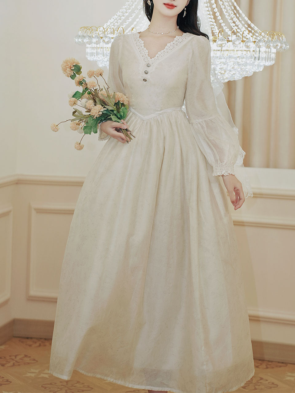 White V Neck Lace Long Sleeve Wedding Dress