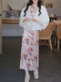 Pink Print Velvet Cuffs Fur Lined Plush Cheongsam Dress