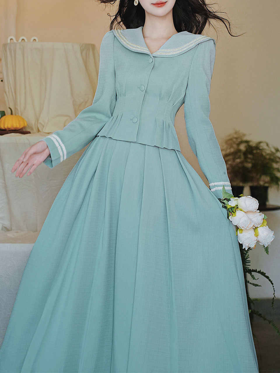 2PS Lake Blue Sailor Collar Tweed Coat