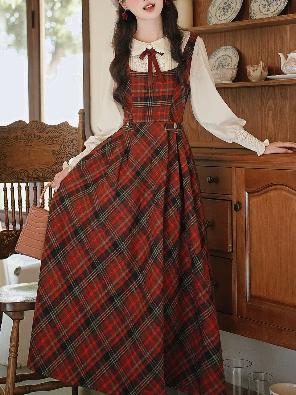 Red Tartan Wool Blend Jumper Dress