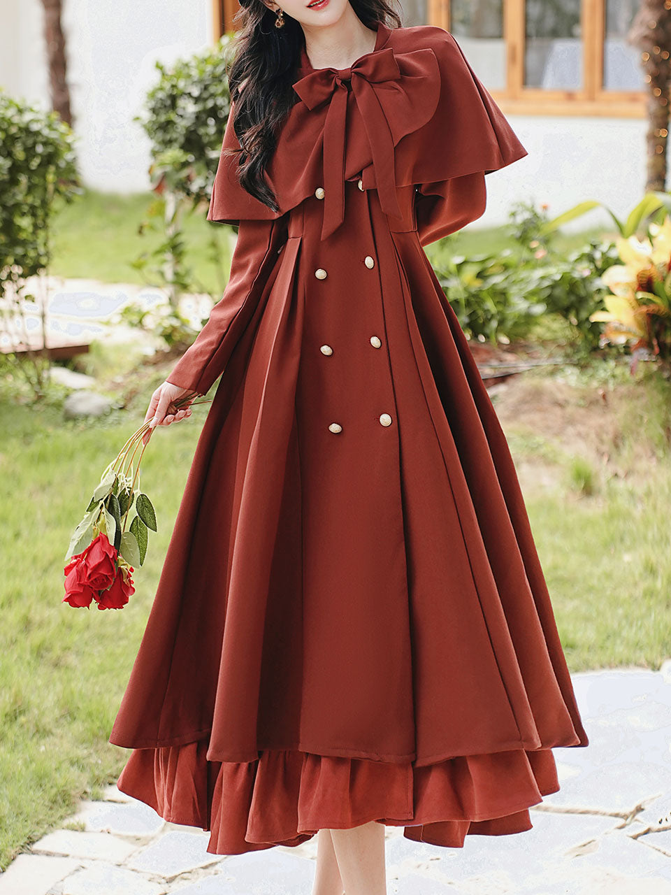 Red Classic Vintage Lapel Double Layered Hem Swing Dress