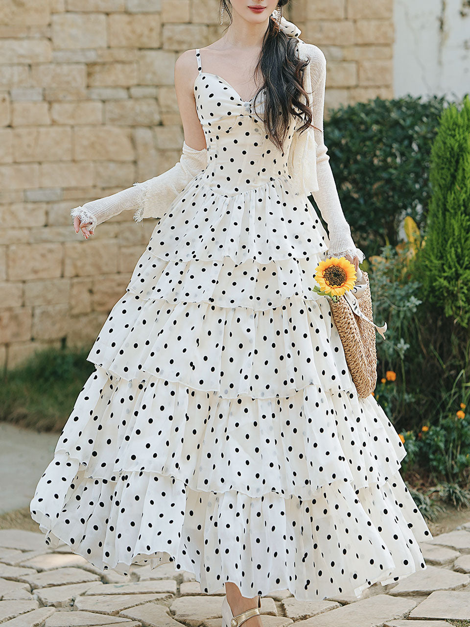 Vintage White Polka Dots Spaghetti Strap Maxi Dress