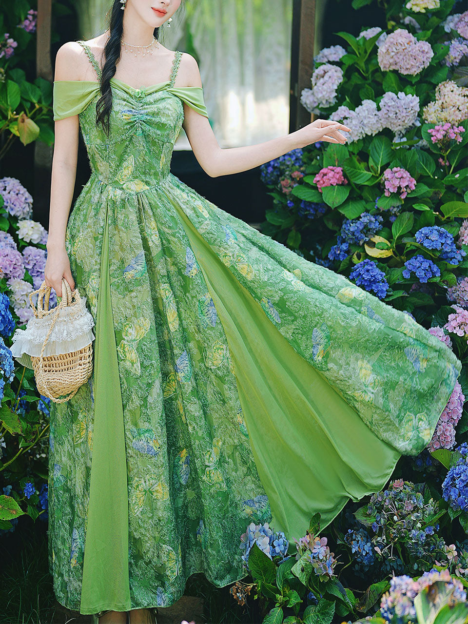 Forest Green Butterfly Print Lace Off-Shoulder Sweetheart Maxi Dress