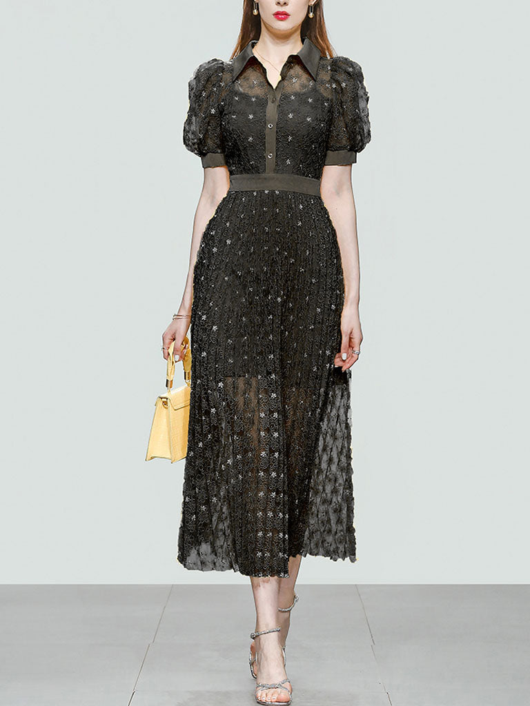 Black Bellflower Embroidered Design Long Lace Pleated Dress