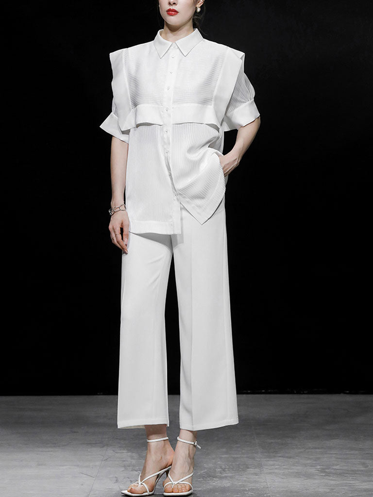 2PS Casual White Shirt And White Wide Leg Pants Ninth Pants Pants Set