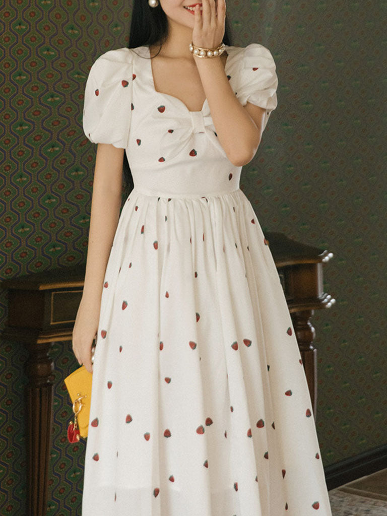 White Strawberry Bow Sweet Heart Collar Puff Sleeve Swing Fairy Dress