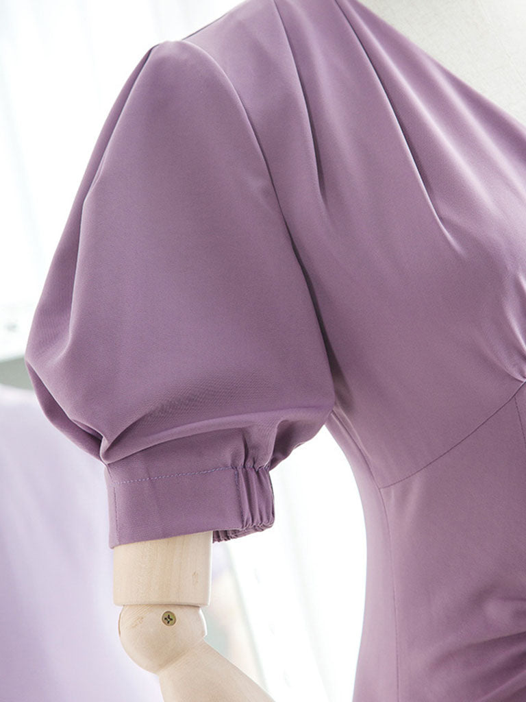 Lavender V Neck Puff Sleeve Swing Vintage Style 1940S Dress