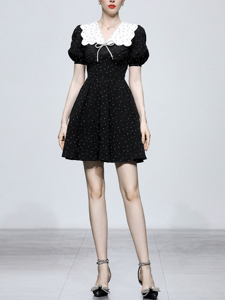Polka Dot Doll Collar Puff Sleeves Mini Black Dress Vintage Style