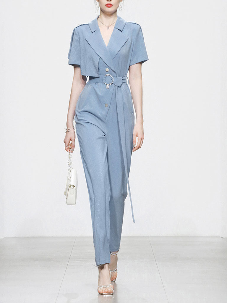 Lapel Collar Short Sleeve Asymmetric Design Belted Waist Jumpsuit