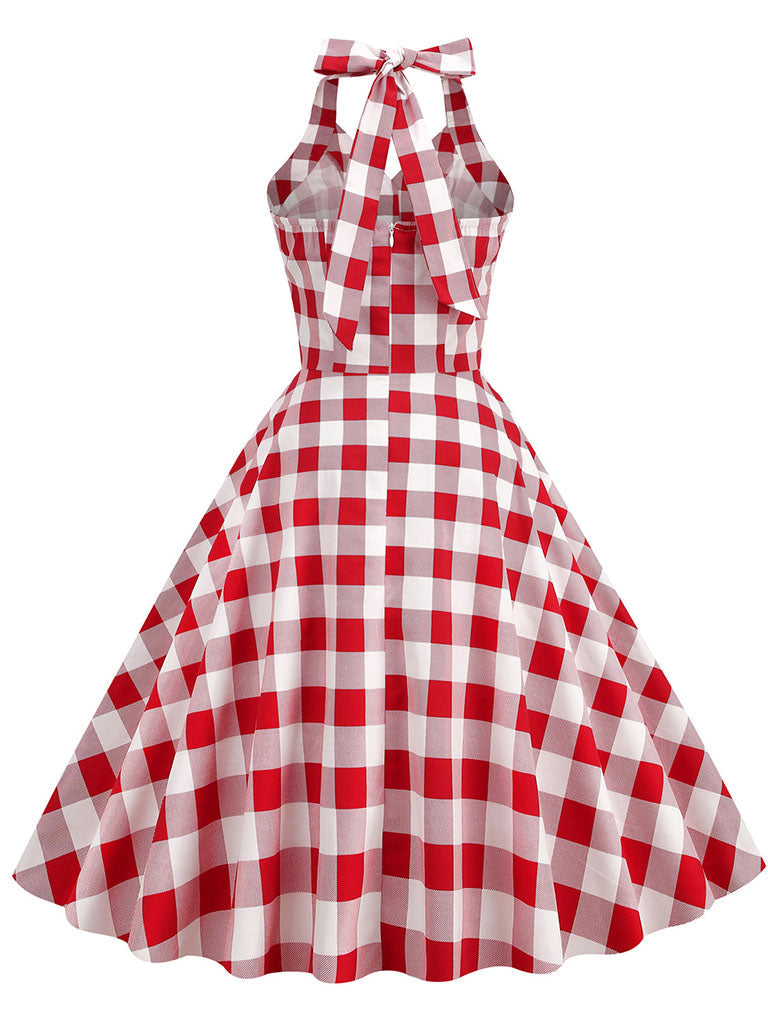 Red And White Plaid Pockets Vintage Halter 1950S Dress