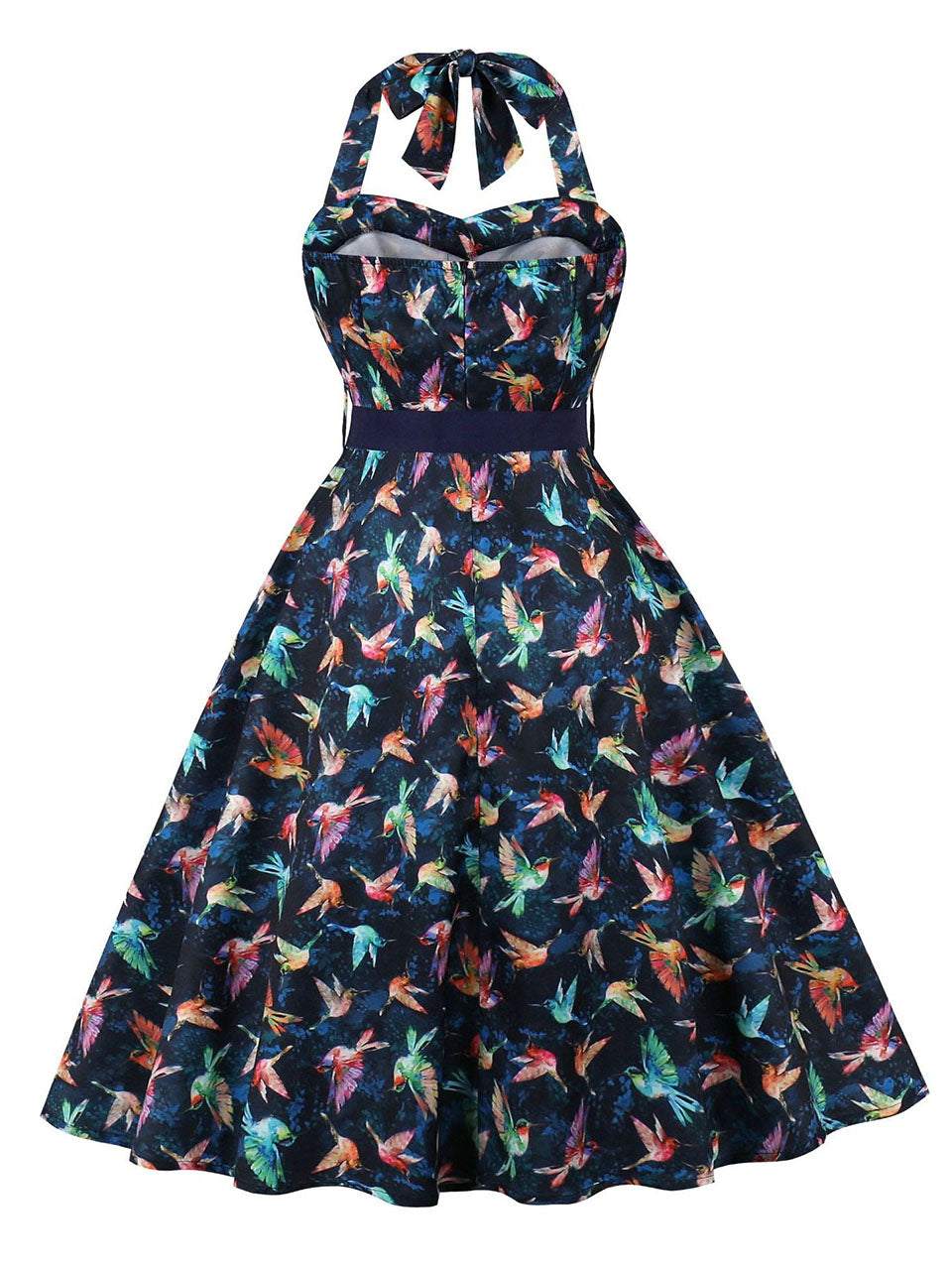 Sweet Navy Birds Printed Cotton 50s Flapper Dress